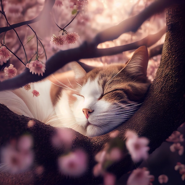 Gatto sveglio che dorme nell'illustrazione del gattino del ramo del fiore di ciliegio dell'albero di sakura