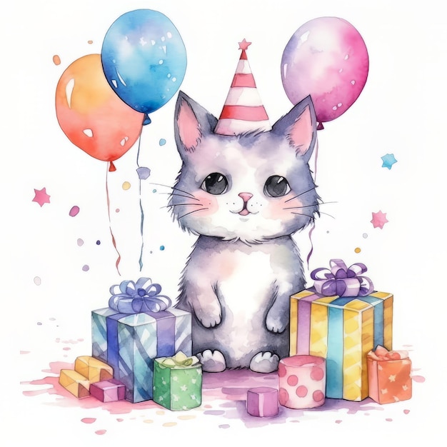 Gatto sveglio con il cappello di compleanno e l'illustrazione dell'acquerello delle scatole presenti