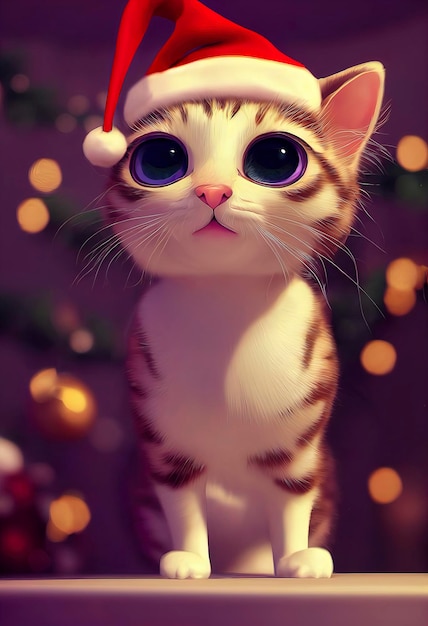 Gatto sveglio con il gatto del costume di natale nell'illustrazione animata di scenario di natale