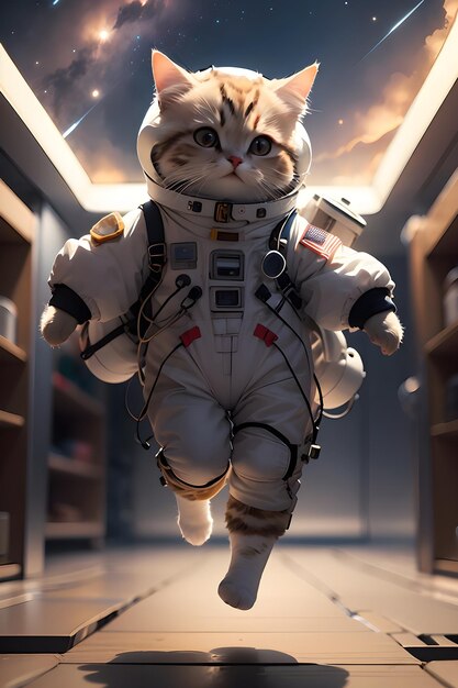 Gatto sveglio dell'astronauta nel fondo dell'illustrazione della carta da parati della tuta spaziale