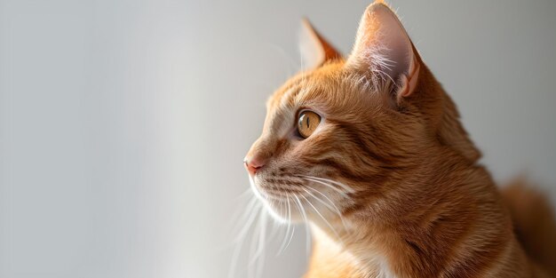 Gatto tabby arancione che fissa fuori dalla finestra elegantemente illuminato ritratto di animale domestico interno pensieroso felino immagine a tonalità calda con copyspace AI