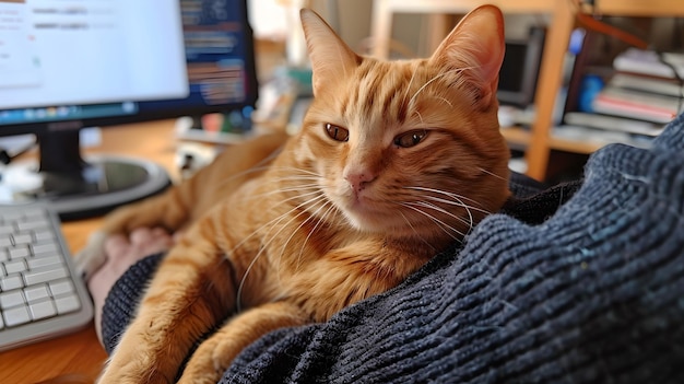 Gatto tabby arancione sdraiato su una coperta a maglia accanto a una tastiera Home office casuale con un animale domestico Ambiente di lavoro accogliente e rilassato con un amico felino AI