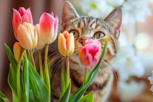 Gatto tabby domestico con tulipani generati dall'AI