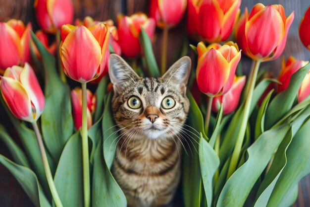 Gatto tabby domestico con tulipani generati dall'AI
