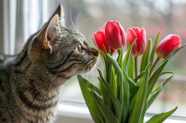 Gatto tabby domestico con tulipani generati dall'AI