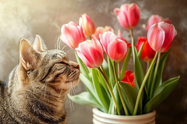 Gatto tabby domestico con tulipani generati dall'AI