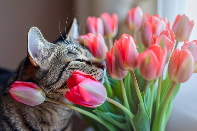 Gatto tabby domestico con tulipani generati dall'AI