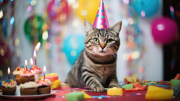 gatto tabby indossando un cappello di compleanno colorato appoggiato su un vivace tavolo da festa cupcakes streamers e decorazioni giocose catturando il feline39s espressione curiosa festiva