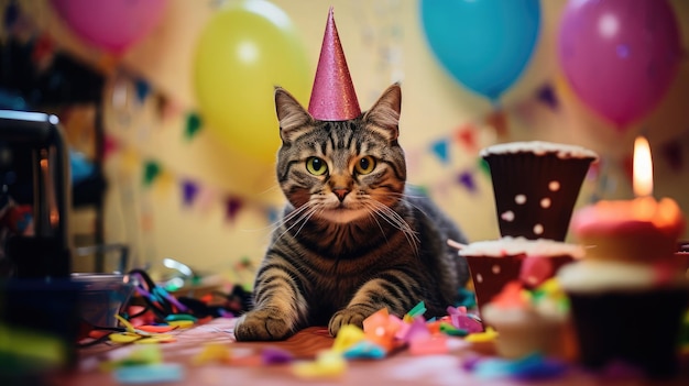 gatto tabby indossando un cappello di compleanno colorato appoggiato su un vivace tavolo da festa cupcakes streamers e decorazioni giocose catturando il feline39s espressione curiosa festiva