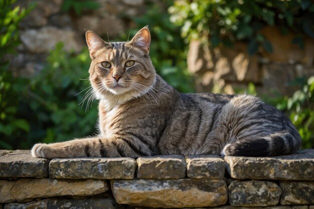 Gatto tabby sdraiato su un muro di pietra