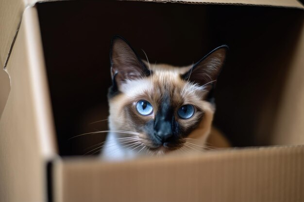 Gatto tailandese in tricolore seduto all'interno di una scatola di cartone