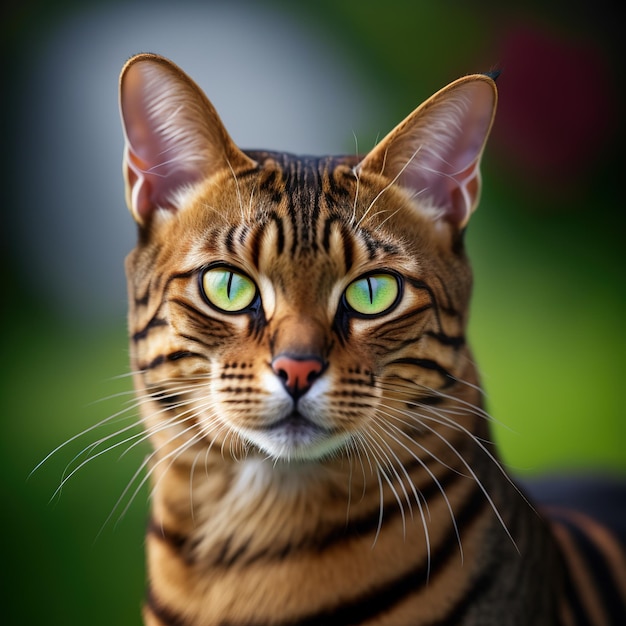 Gatto toyger realistico su incantevole sfondo naturale all'aperto