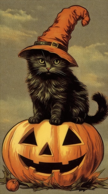 gatto ubicazione zucca vintage retro libro cartolina illustrazione cappello costume di halloween spaventoso degli anni '50