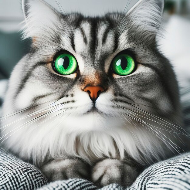 Gatto verde divertente grande gatto grigio a righe carino con bellissimi occhi verdi animali domestici e concetto di stile di vita