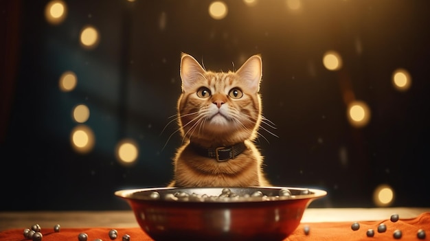 gatto vicino a una ciotola con il cibo alzando lo sguardo