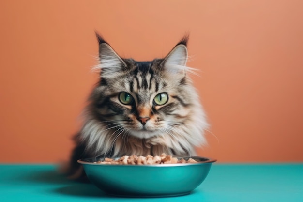 Gatto vicino a una ciotola di concetto di nutrizione alimentare ai generativo