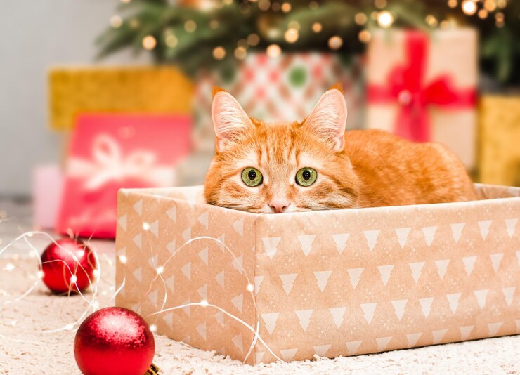 Gatto zenzero giocoso che si nasconde in una confezione regalo sullo sfondo di un albero di natale