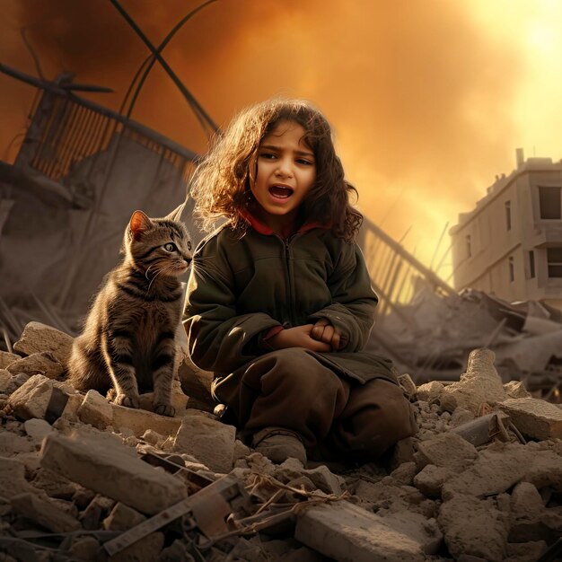 gaza_war_child_cry_with_cat_animal_Under_bombard