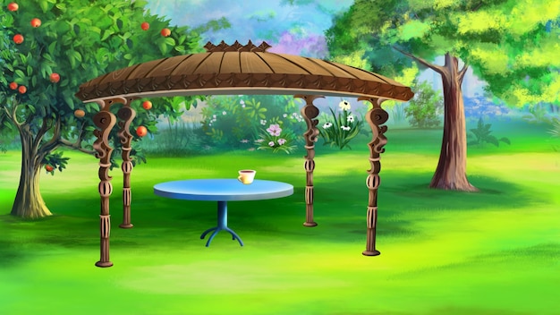 Gazebo accogliente in giardino in una mattina di sole Illustrazione di sfondo della pittura digitale