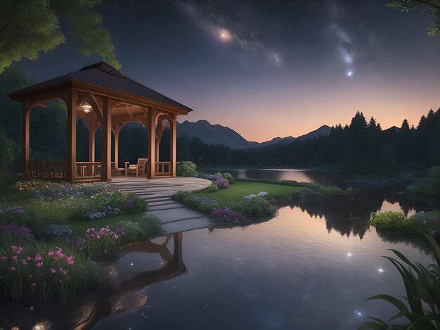 gazebo estivo in legno nel giardino vicino al lago contro il cielo notturno