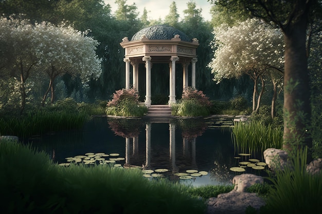 Gazebo in giardino con laghetto e fiori IA generativa