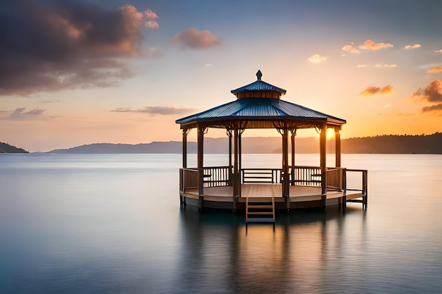 Gazebo sull'acqua al tramonto con un bellissimo tramonto sullo sfondo