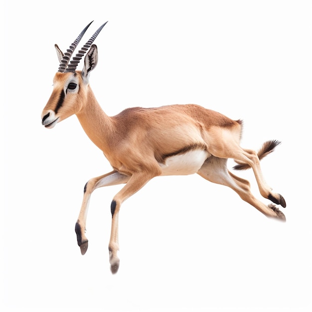 Gazzella antilope in un salto su uno sfondo bianco primo piano bellissimo animale selvatico artiodattilo