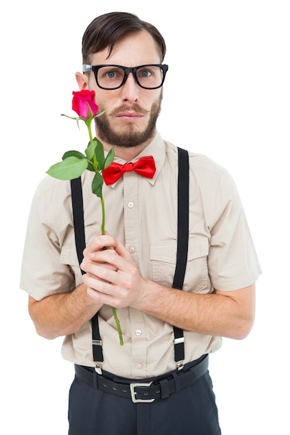 Geeky hipster offre una rosa