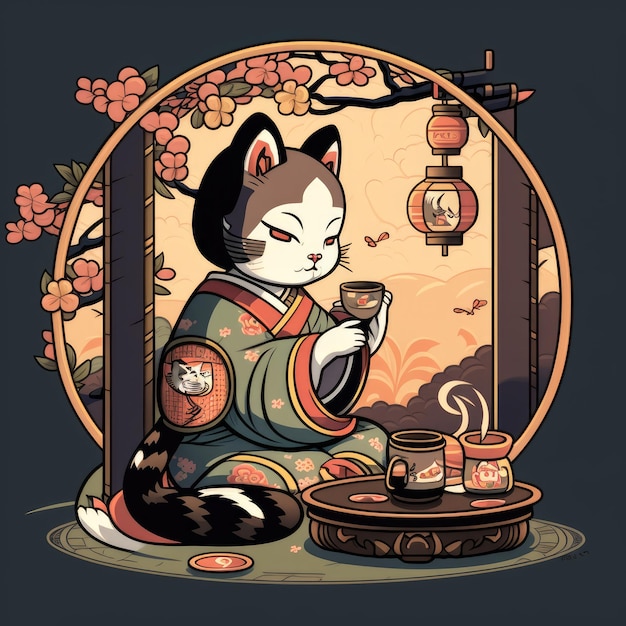 Geisha alla cerimonia del tè gatto nel giardino asiatico casa di porcellana ai generato illustrazione gattino Chibi a stoffa orientale gatto cinese con fiori di sakura animale asiatico in kimono teiera su tavola di legno