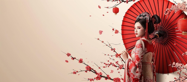geisha donna giapponese bandiera giapponese bella donna giapponica con agganci per i capelli su sfondo bianco con ombrello rosso