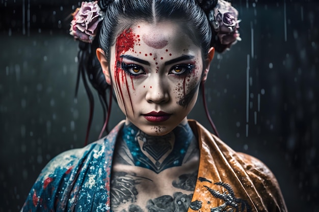 Geisha giapponese con rete neurale del tatuaggio generata ai