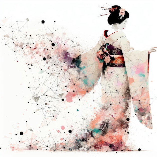 Geisha giapponese in kimono vestita con pittura a inchiostro e triangolo con IA generativa