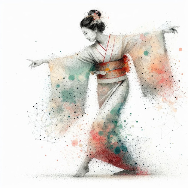 Geisha giapponese in kimono vestita con pittura a inchiostro e triangolo con IA generativa