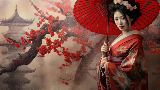 geisha in Giappone con ciliegio e ombrello Generativo ai