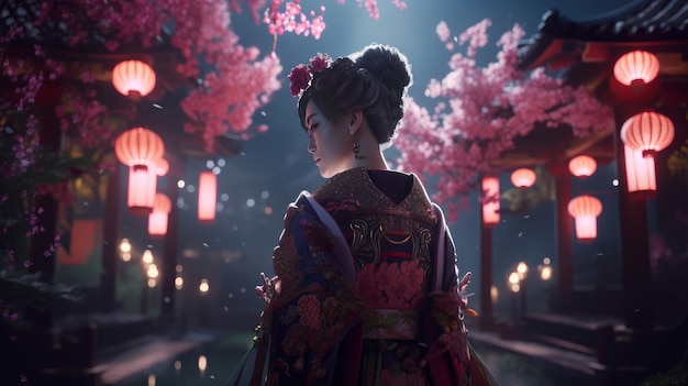 Geisha in un intricato kimono sakura giardino sfondo fiori di sakura