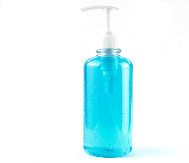 Gel alcolico blu isolato. Gel igienizzante per le mani per la pulizia. Igienizzante per le mani in bottiglia con testa della pompa.