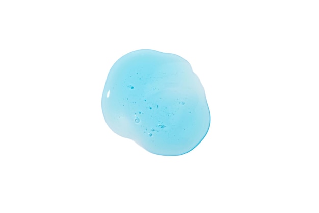 Gel cosmetico blu con bolle isolate su sfondo bianco. Striscio di acido ialuronico, gel antibatterico o siero viso. Prodotto per la cura della pelle,