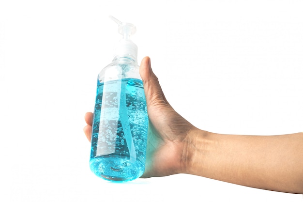 Gel disinfettante con alcool blu per la tenuta asiatica per proteggere Coronavirus (2019-nCoV) Covid-19 virus, batteri e germi isolati