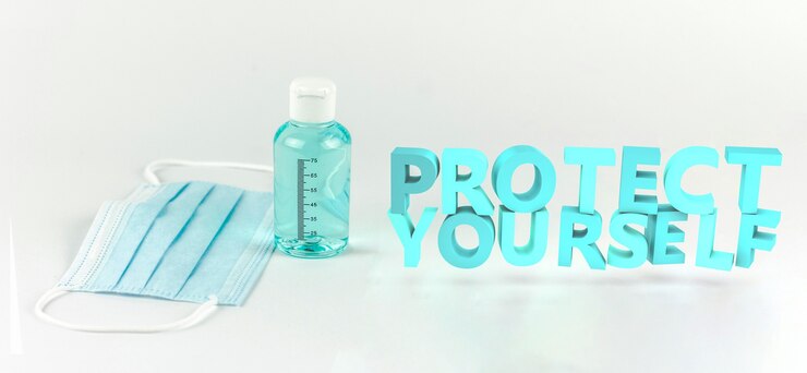 Gel idroalcolico e maschera con testo di protezione. Illustrazione 3D.