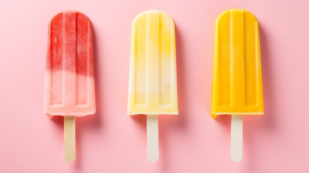 gelati che mostrano deliziose prelibatezze estive in rosa, bianco e giallo su uno sfondo croccante