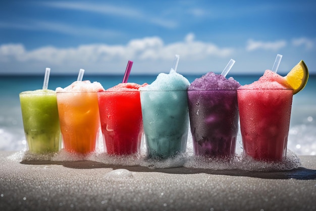 Gelati color arcobaleno allineati su una spiaggia