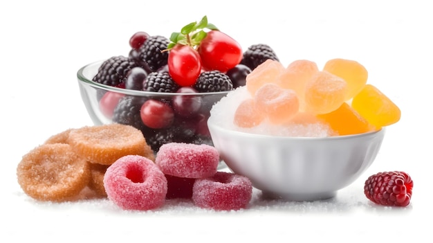 Gelatina di succo di frutta o caramelle gommose fruttate con zucchero sopra frutta di bacca nera ribes rosso come aperitivo riprese in studio isolate su sfondo bianco