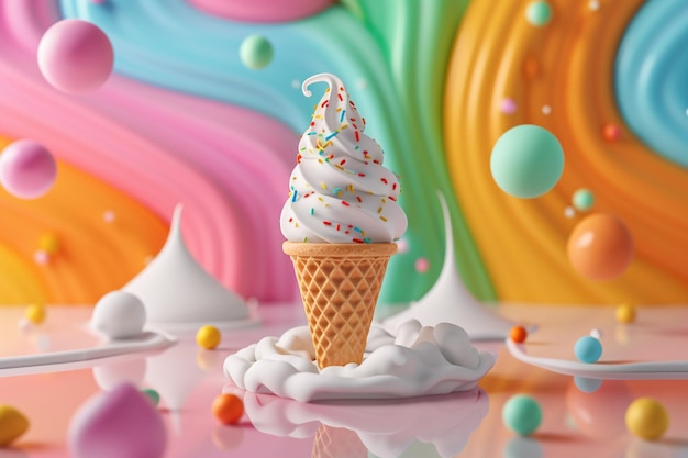 Gelato 3D che si scioglie su uno sfondo colorato