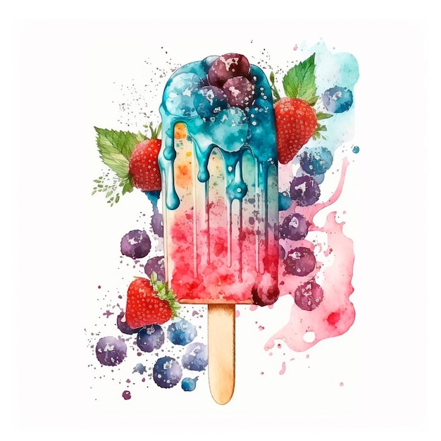 Gelato acquerello con frutti di bosco Pipsicle di frutta illustrazione isolata AI generativa