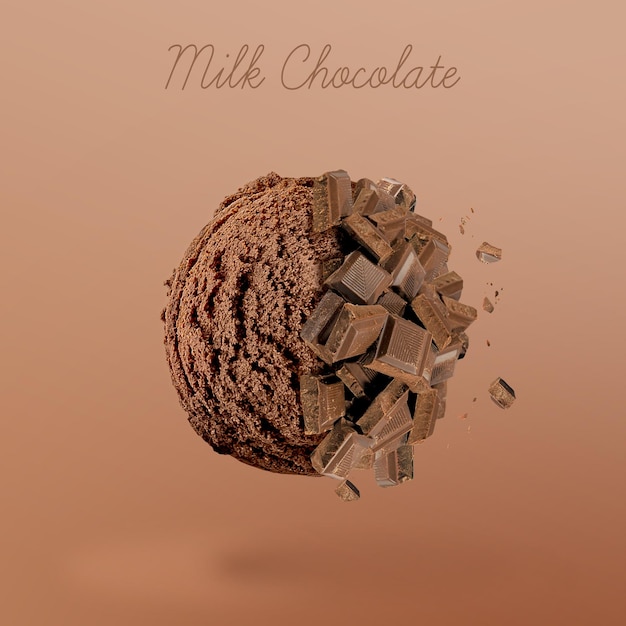 Gelato al cioccolato al latte. Palla di gelato al cioccolato con esplosione di scaglie di cioccolato.