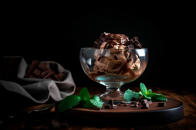 Gelato al cioccolato gourmet in ciotola di vetro sul tavolo della gelateria Legno rustico AI generato dessert congelato
