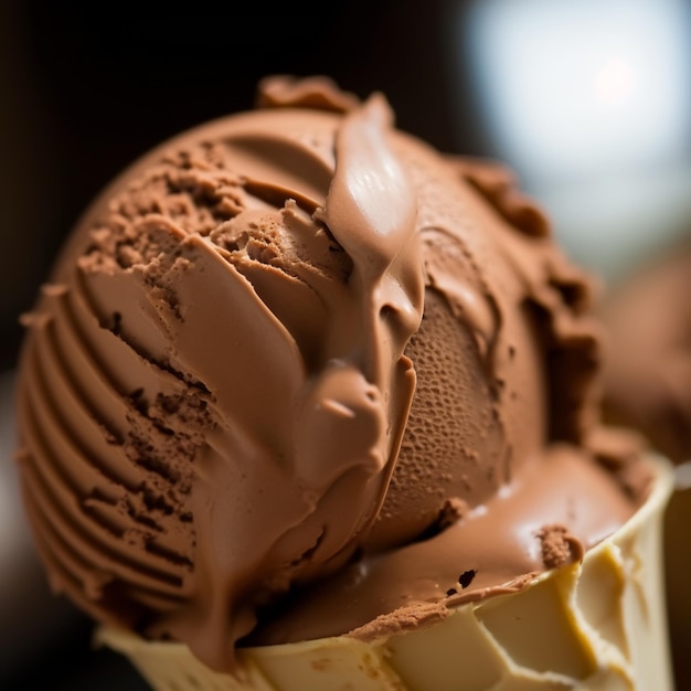 gelato al cioccolato in un cono con un cucchiaio dentro generativo ai