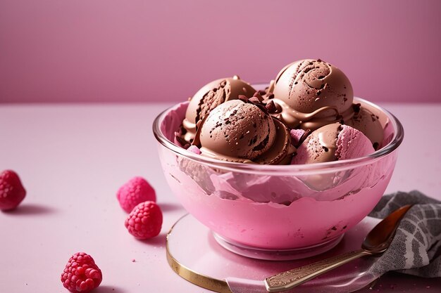 Gelato al cioccolato in una ciotola di vetro rosa