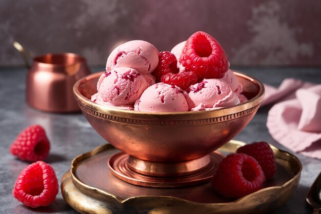 Gelato al lampone in una ciotola di rame