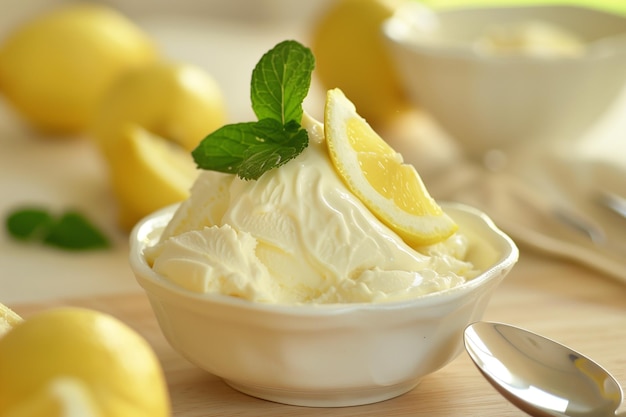 Gelato al limone in ciotola Gelato citrus a limone fatto in casa con menta